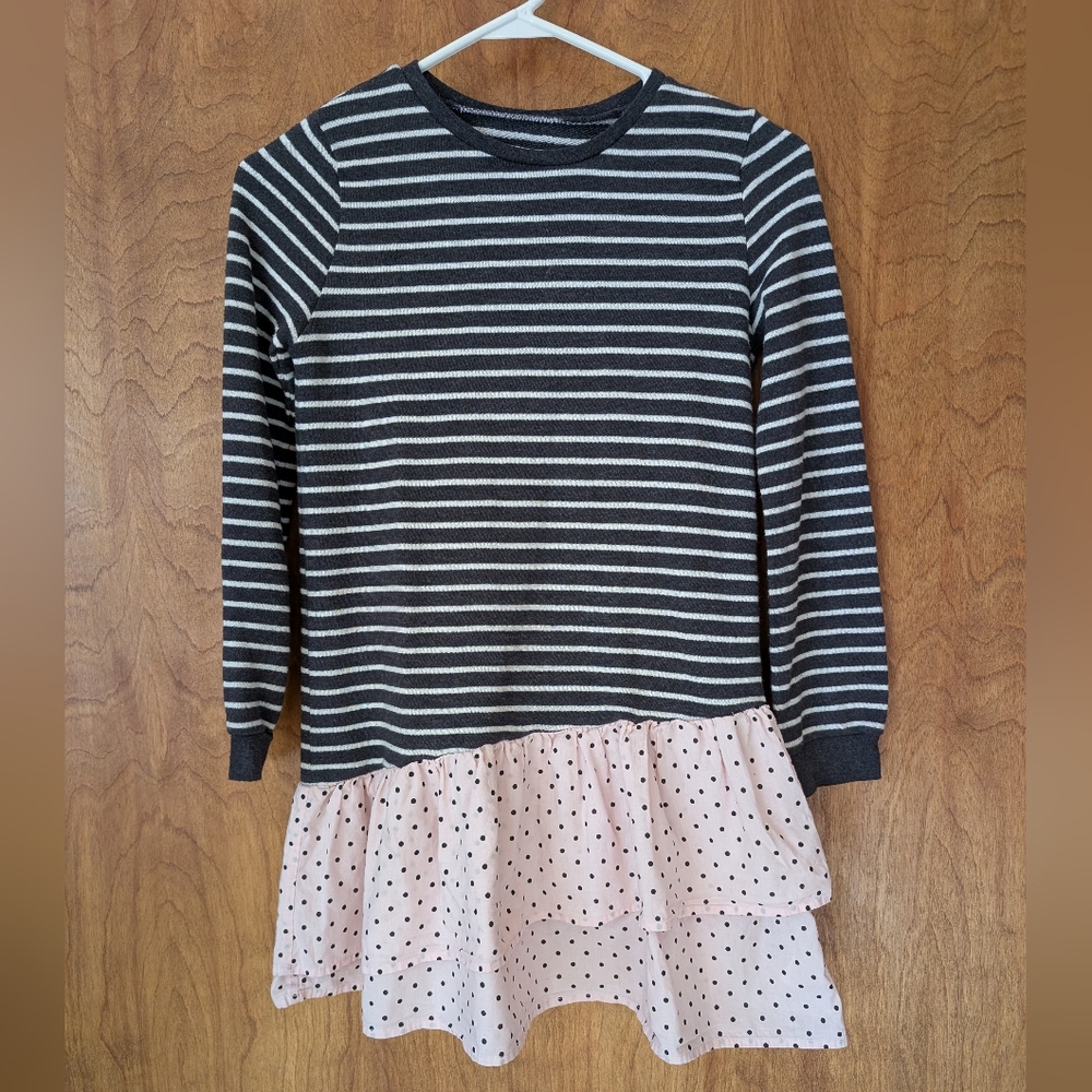 Tucker + Tate Charcoal and Cream Striped Flare Dress with Pink Ruffles